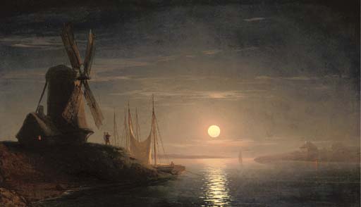 Ivan Aivazovsky A windmill overlooking a moonlit bay